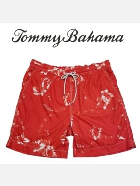 TOMMY BAHAMA RELAX Chili Pepper Red & White Splash Swimsuit Trunks Sz L